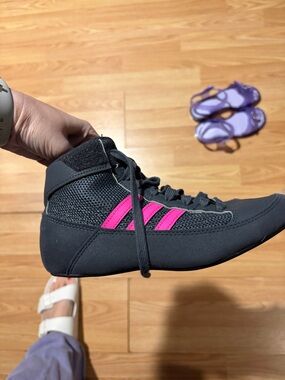 adidas Girls Dark Gray High-Top Sneaker with Pink Stripes